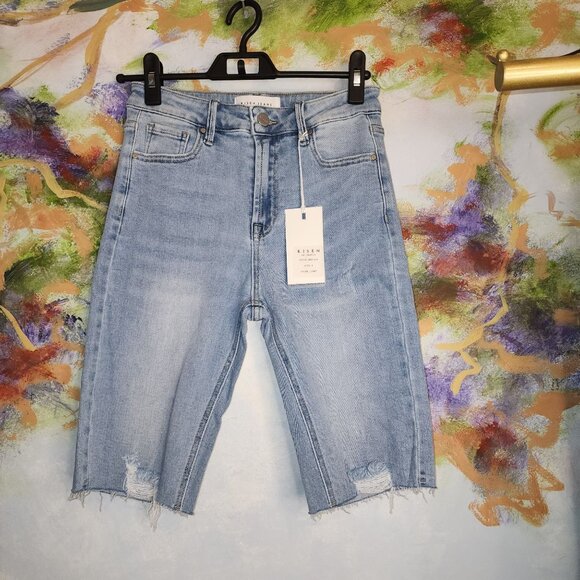 Risen Jeans High Rise Bermuda Shorts Light Wash Distressed Denim Frayed Hem - Picture 1 of 14